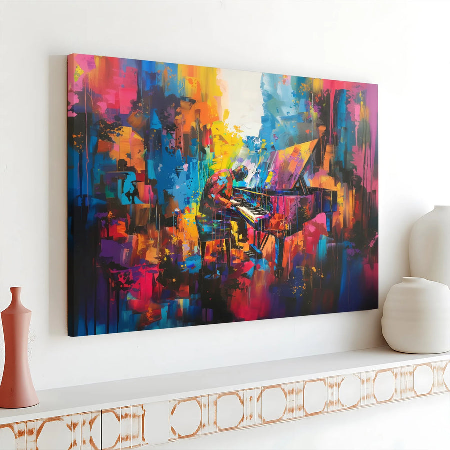 Abstract Piano Canvas Print | Vibrant Jazz Musician Painting | Premium Gallery Wrapped Canvas | Modern Music Room Decor Gift