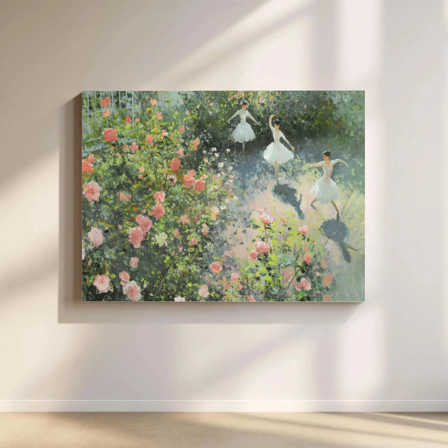 Ballerina Canvas Wall Art | Impressionist Dancers in Rose Garden Painting | Premium Gallery-Wrapped Print | Romantic Home Decor Gift for Dancers