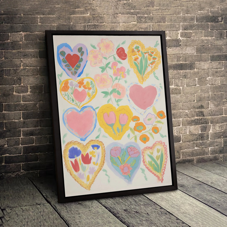 Colorful Heart Canvas Wall Art | Whimsical Floral Hearts Painting | Gallery Quality 1.25-inch Profile | Romantic Home Decor Gift for Her