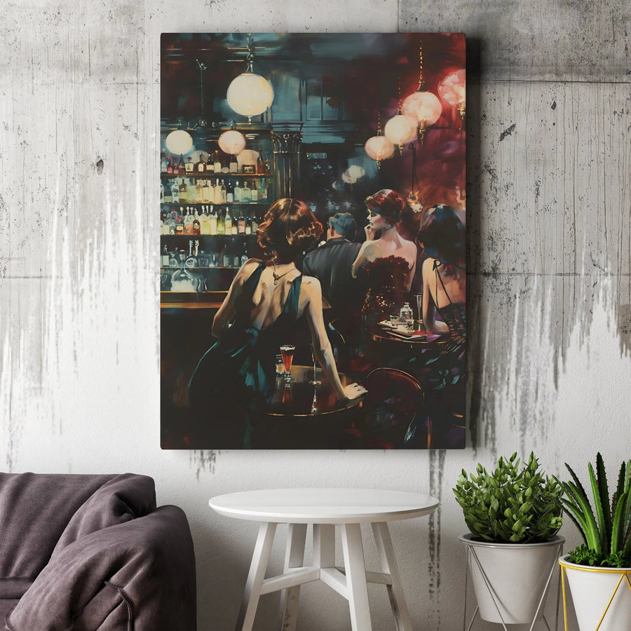 Vintage Speakeasy Vertical Canvas | Retro Moody Bar Scene Painting Print | Premium 1.25” Gallery Wrap | Sophisticated Home Bar Gift for Lounge Decor