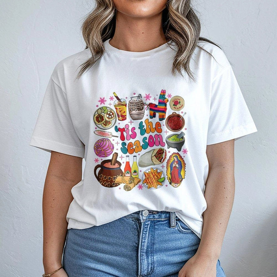 Mexican Christmas T-Shirt | Tis The Season Food Graphic | 100% Cotton Premium Tee | Cultural Holiday Gift For Latinx Heritage Lovers
