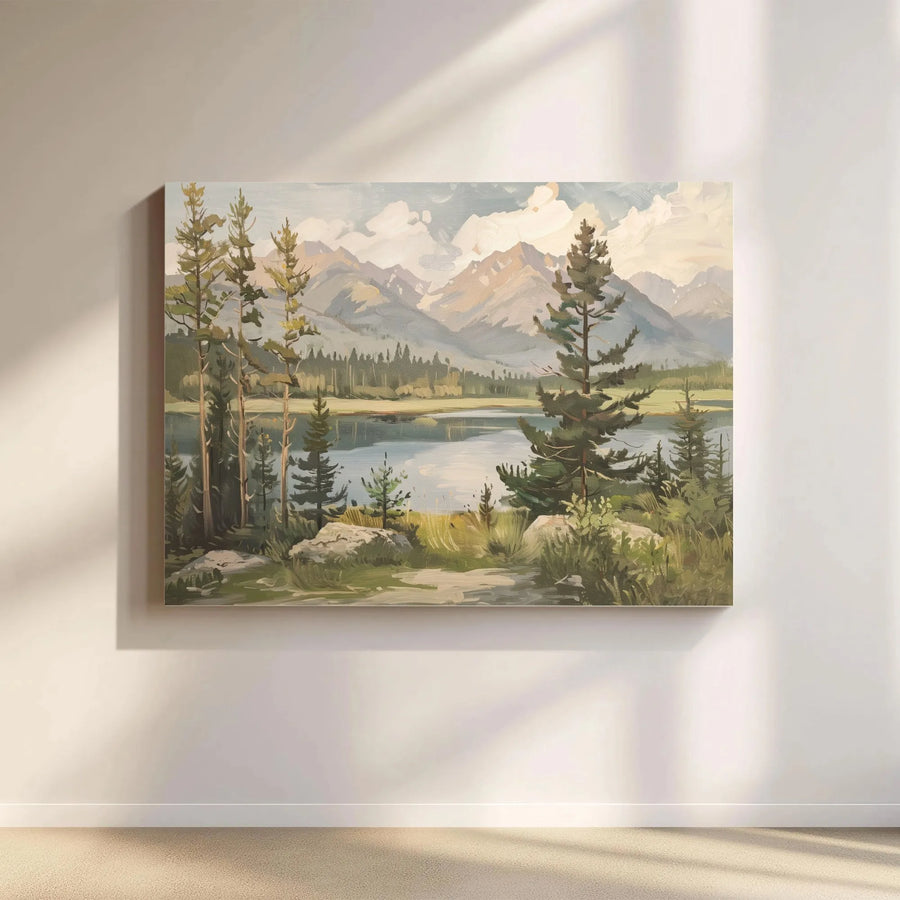 Mountain Landscape Canvas Wall Art | Vintage Pine Tree Forest Painting | Premium Gallery Wrapped Canvas | Rustic Cabin Decor Gift