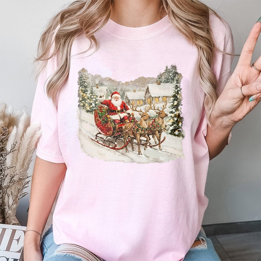Vintage Santa Sleigh T-Shirt | Classic Snowy Christmas Village Graphic | 100% Soft Cotton Tee | Festive Holiday Gift for Women & Men