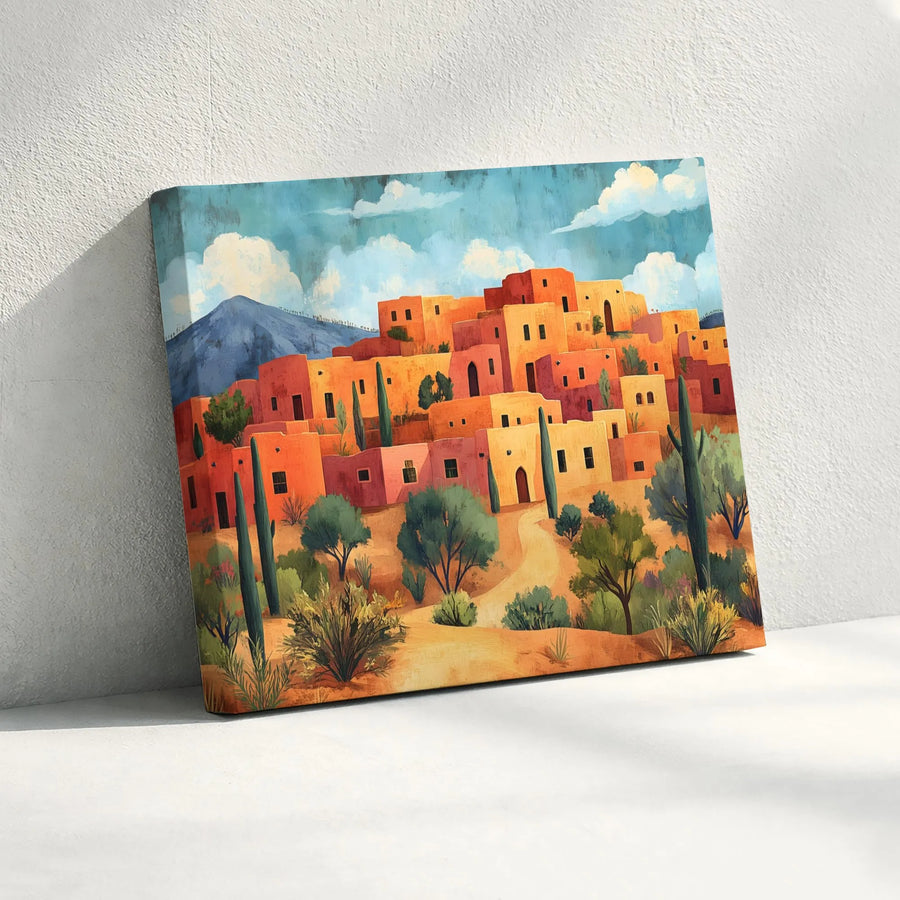 Southwestern Pueblo Village Canvas Art | Adobe Desert Landscape Print | 1.25-Inch Premium Gallery Wrap | Western Home Decor Wall Hanging