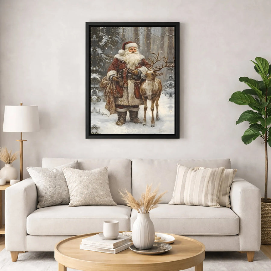 Vintage Santa Claus Wall Art | Traditional Christmas Forest Reindeer Print | Premium 1.25-Inch Gallery Canvas | Holiday Home Decor Gift