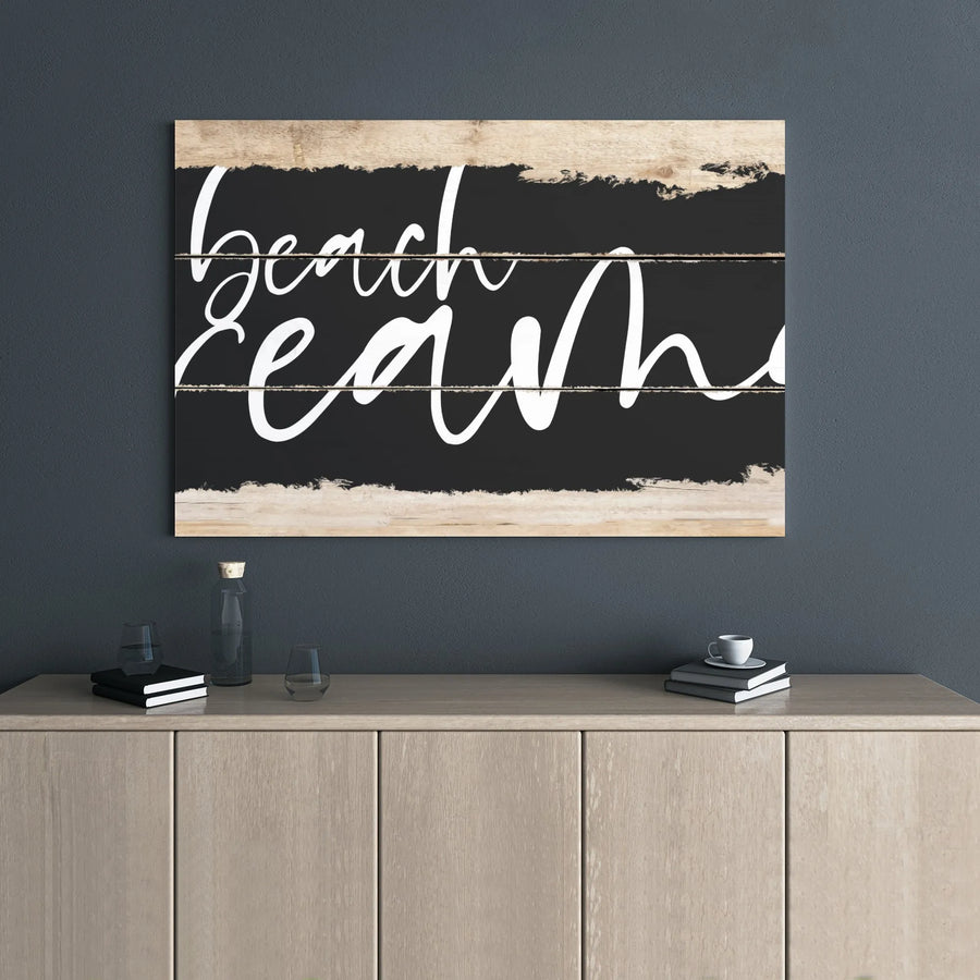 Beach Wall Art Canvas | Rustic Black and Wood Script Print | Premium Gallery Wrap Decor | Coastal Home Decor for Living Room