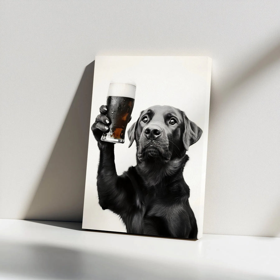 Black Labrador Beer Canvas Print | Funny Dog Drinking Beer Wall Art | Premium Gallery Wrap Decor | Unique Gift For Beer And Dog Lovers