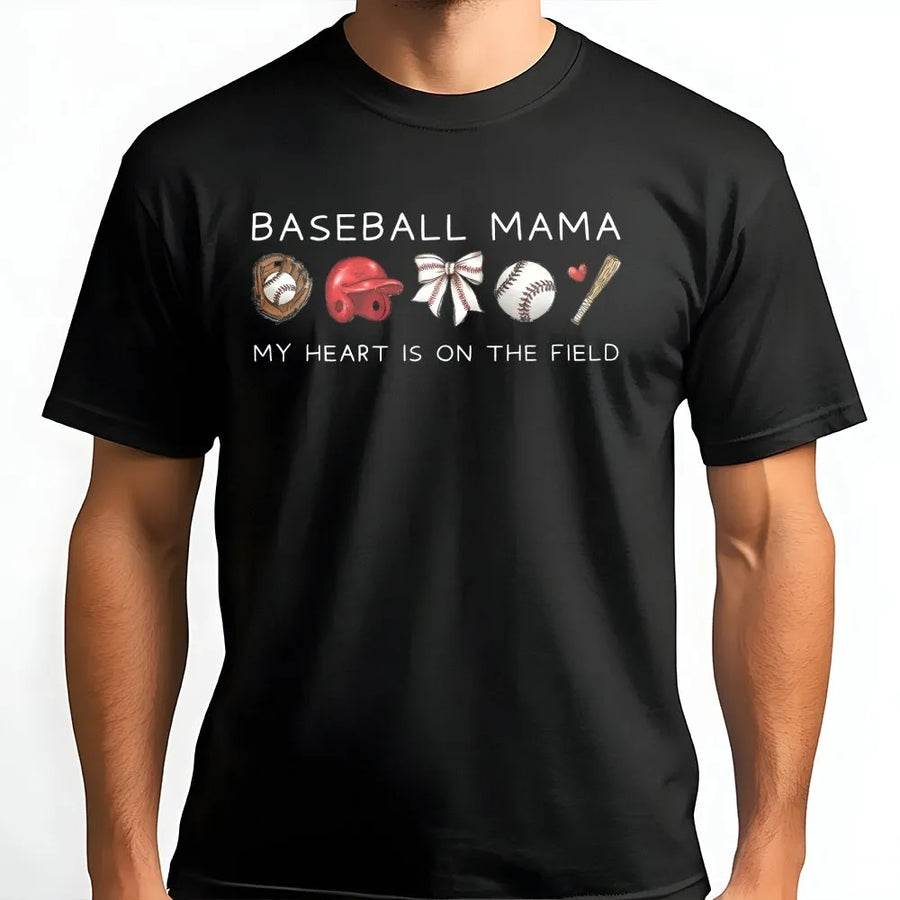 Baseball Mama T-Shirt | My Heart Is On The Field Graphic | Premium Cotton Apparel | Game Day Gift for Baseball Mom