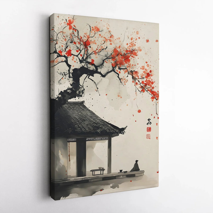 Japanese Cherry Blossom Canvas | Sumi-e Ink Wash Painting | Premium Frameless Wall Art | Zen Home Decor Gift