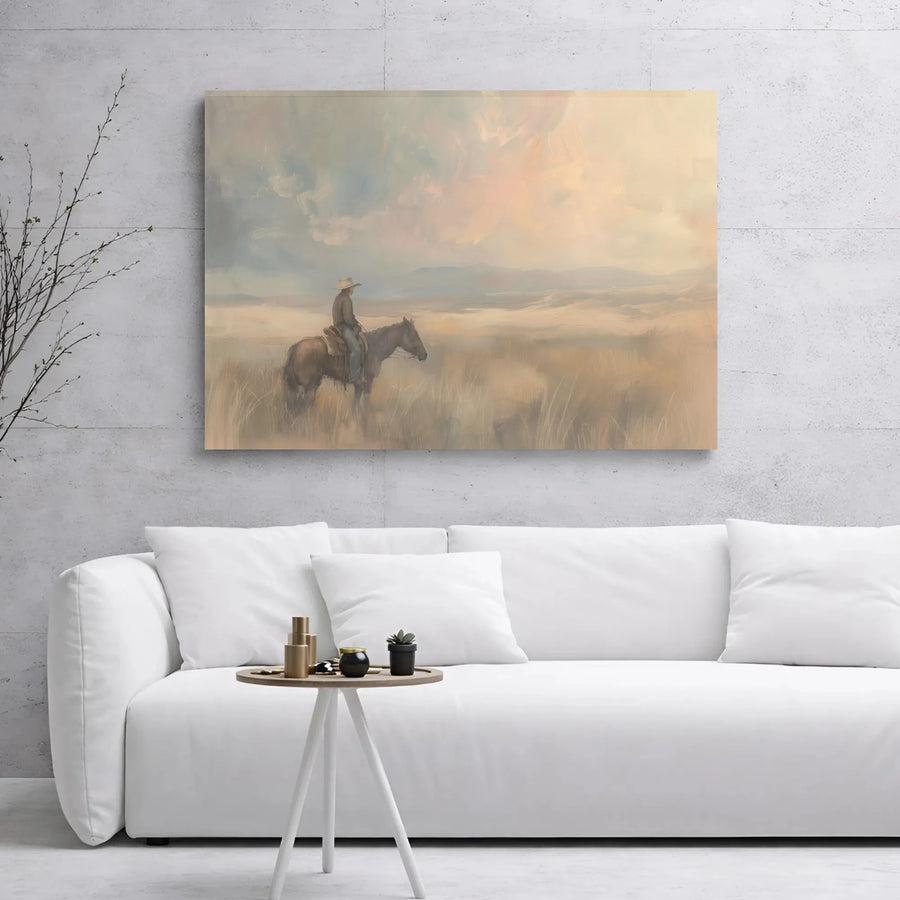 Lone Cowboy Wall Art | Western Horseback Landscape Oil Painting Style | Premium Gallery Wrap Canvas | Rustic Home Decor Gift for Him
