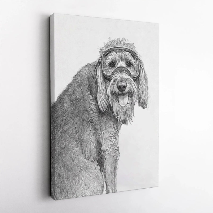 Labradoodle Wall Art | Whimsical Dog Wearing Goggles Pencil Drawing | Premium Gallery Canvas | Unique Gift for Dog Lovers