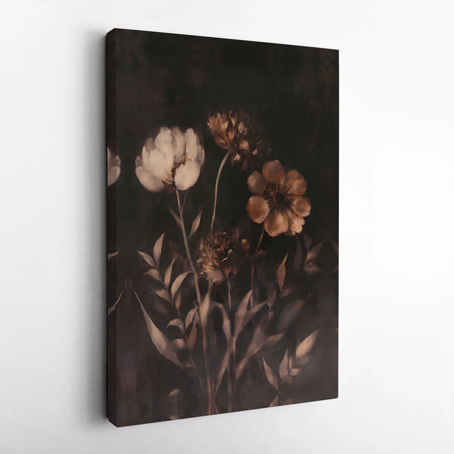 Dark Moody Floral Canvas Wall Art | Vintage Botanical Oil Painting Style | Premium Gallery Wrap Decor | Aesthetic Gift For Home Office