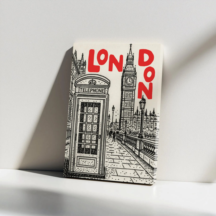 London City Sketch Vertical Canvas | Big Ben & British Telephone Box Art | Premium 1.25 Inch Frameless Print | Travel Lover Gift & Home Wall Decor