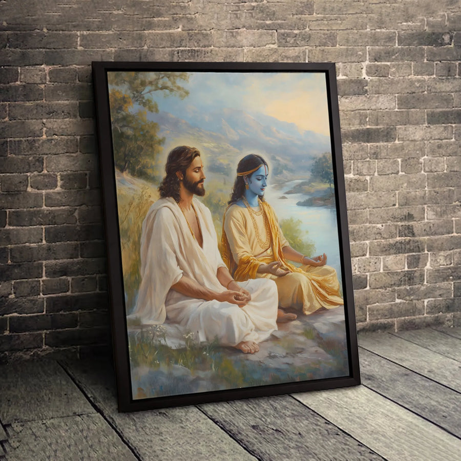 Jesus and Krishna Meditating Canvas Print | Spiritual Unity Wall Art | Premium Gallery Wrapped Decor | Gift for Interfaith Peace