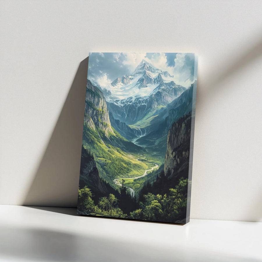 Mountain Landscape Canvas Wall Art | Snowy Peak and Green Valley | 1.25-Inch Gallery Wrap | Premium Nature Decor for Home and Office