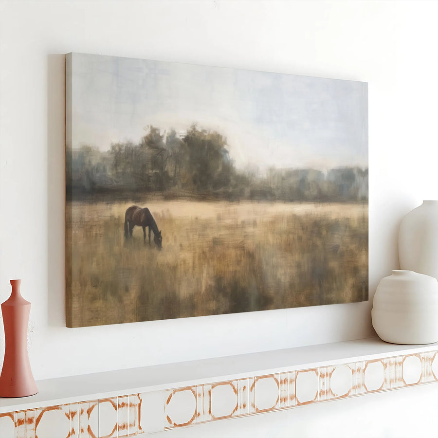 Horse Grazing Canvas Print | Impressionist Golden Field Landscape | 1.25" Gallery Wrap Premium Art | Countryside Farmhouse Home Decor
