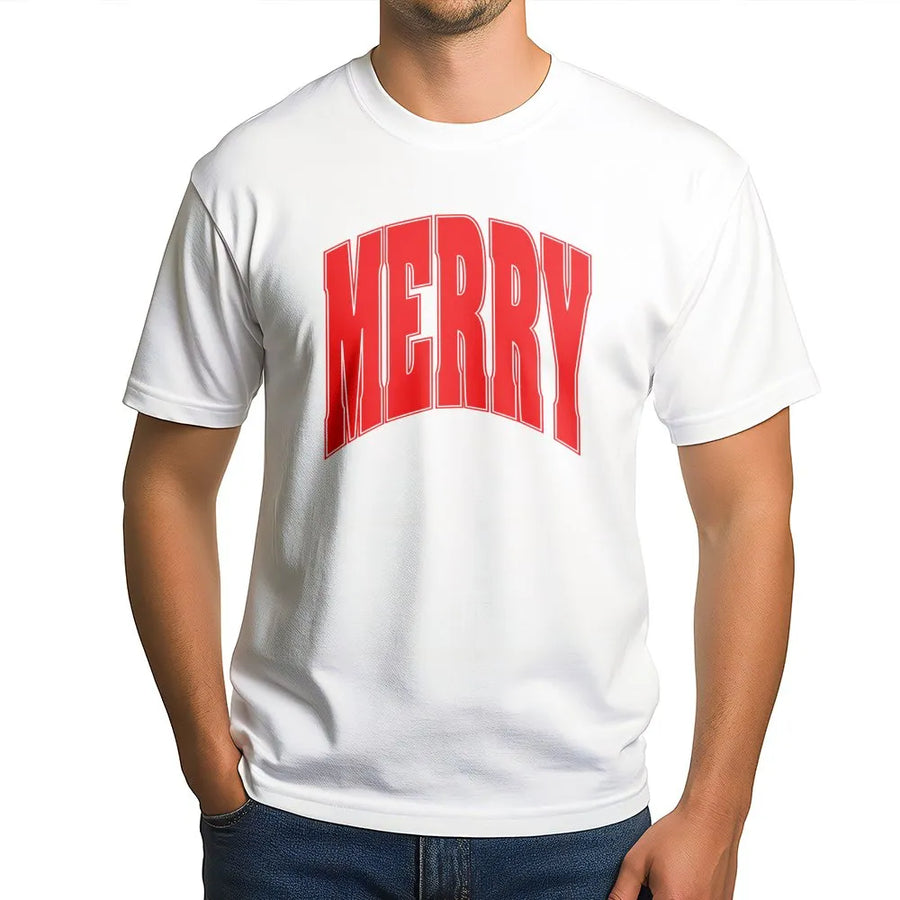 Merry Christmas T-Shirt | Retro Varsity Arch Graphic | Premium Soft Cotton | Holiday Gift for Women and Men