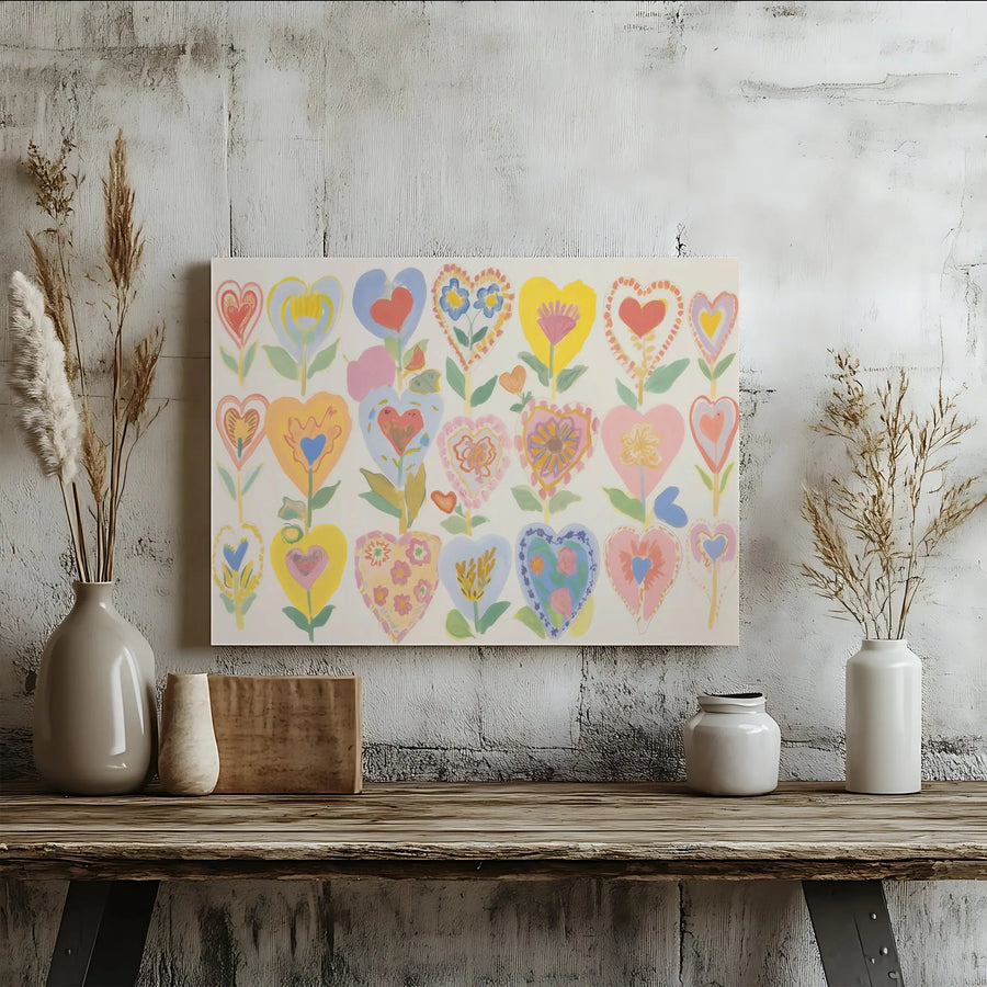 Colorful Folk Art Heart Flowers Canvas | Whimsical Botanical Wall Art | Premium Gallery-Wrapped Print | Aesthetic Home Decor Gift