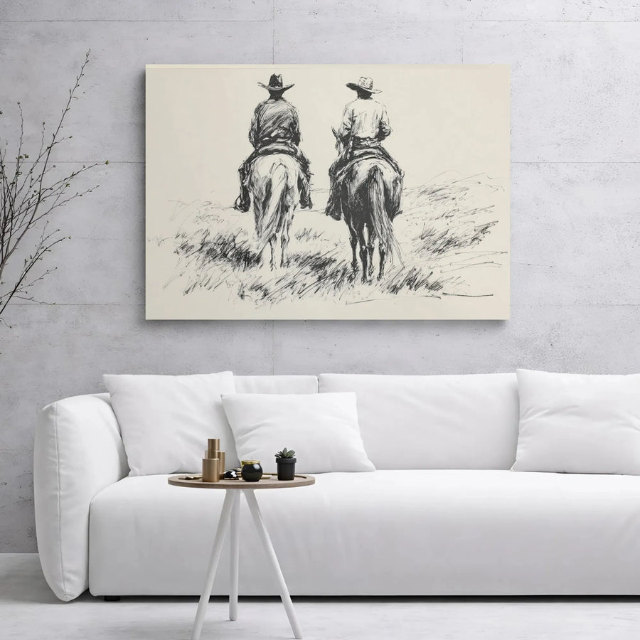 Two Cowboys On Horseback Canvas Print | Western Sketch Wall Art | Gallery Wrapped 1.25 Inch Premium Decor | Rustic Farmhouse Gift For Him