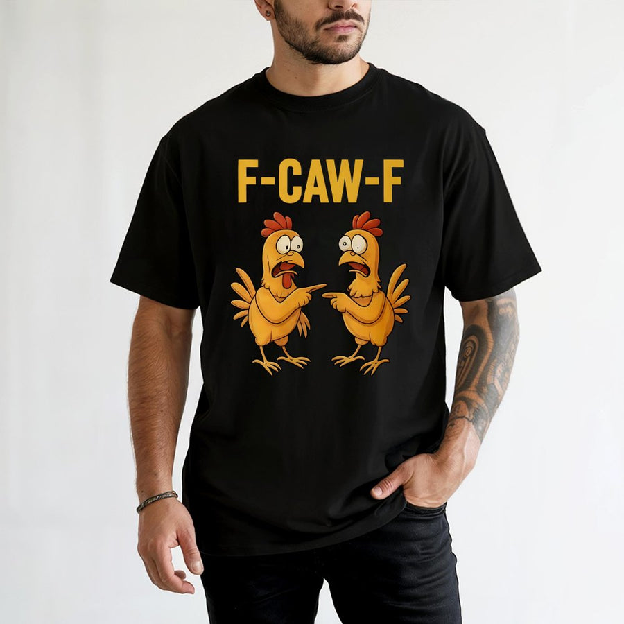 F-CAW-F Funny Chicken T-Shirt | Cartoon Roosters Pointing Meme Graphic | 100% Cotton Unisex Tee | Sarcastic Poultry Gift for Chicken Farmers