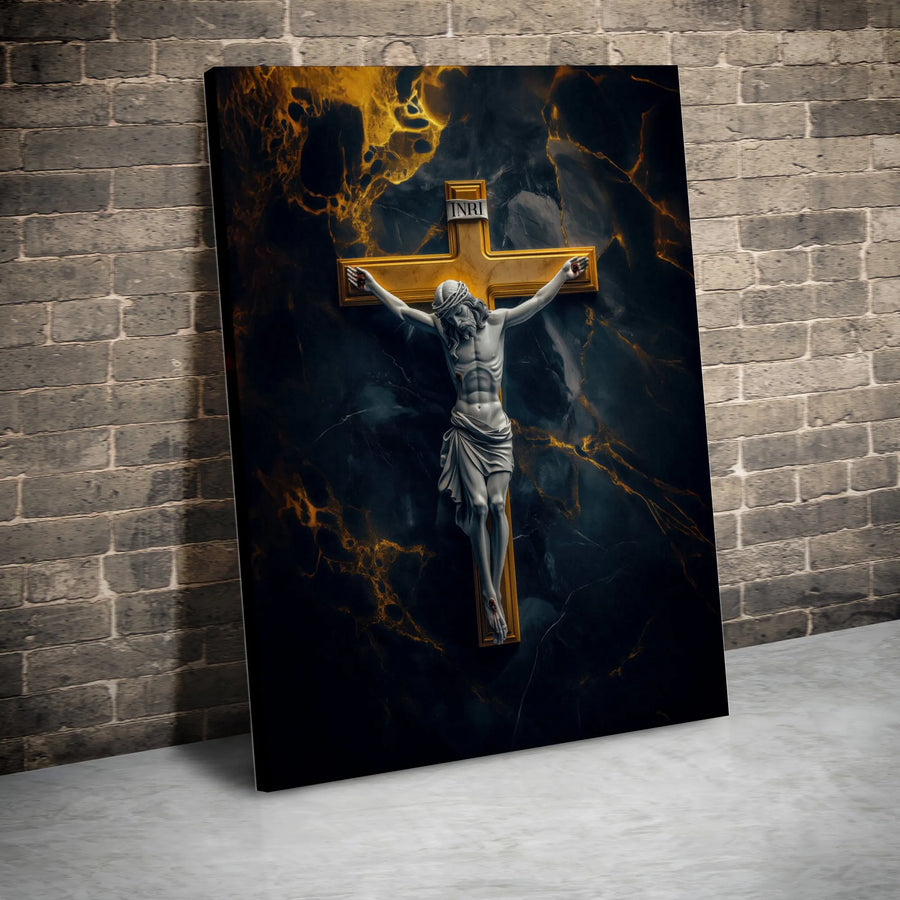 Jesus On The Cross Canvas Wall Art | Golden Crucifix Marble Texture | Premium Gallery Wrap Print | Religious Home Decor Gift