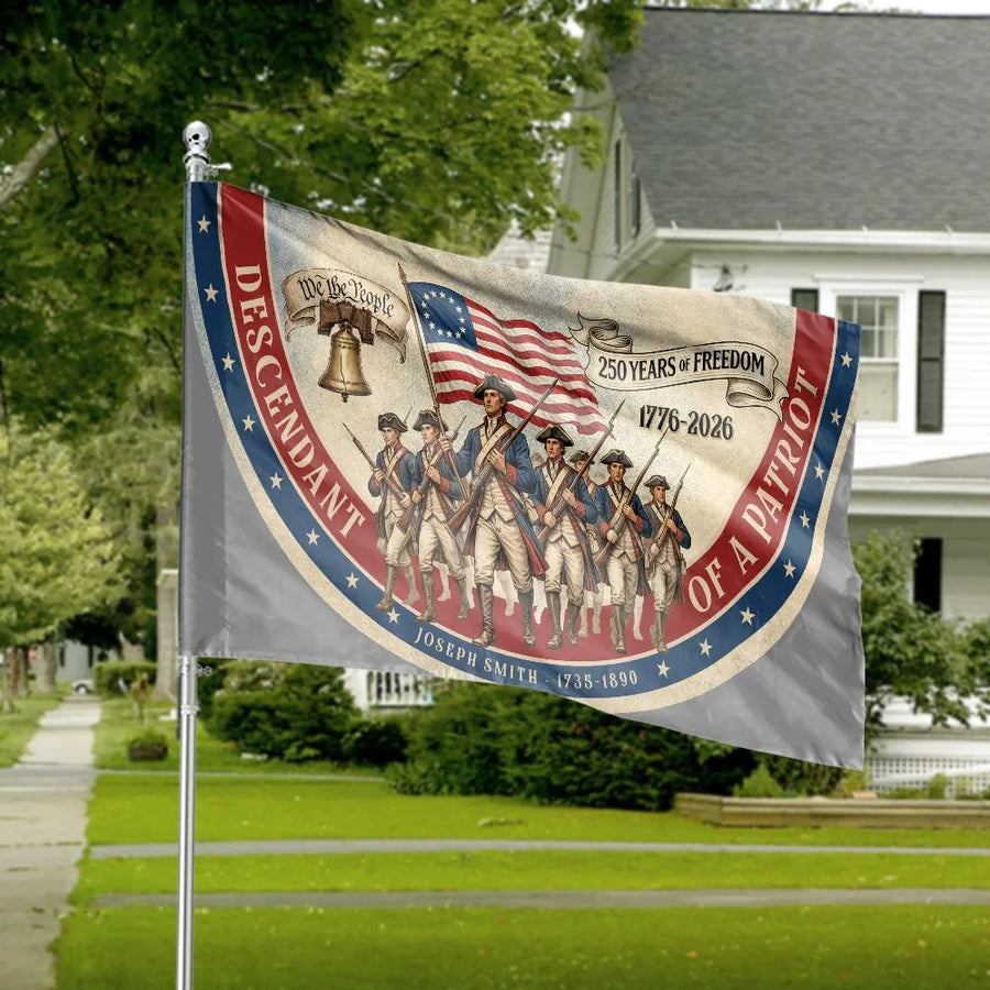 Descendant of a Patriot Flag | 1776-2026 Anniversary Design with Revolutionary Soldiers | Double Sided Polyester | Patriotic Porch Decor and Yard Gift
