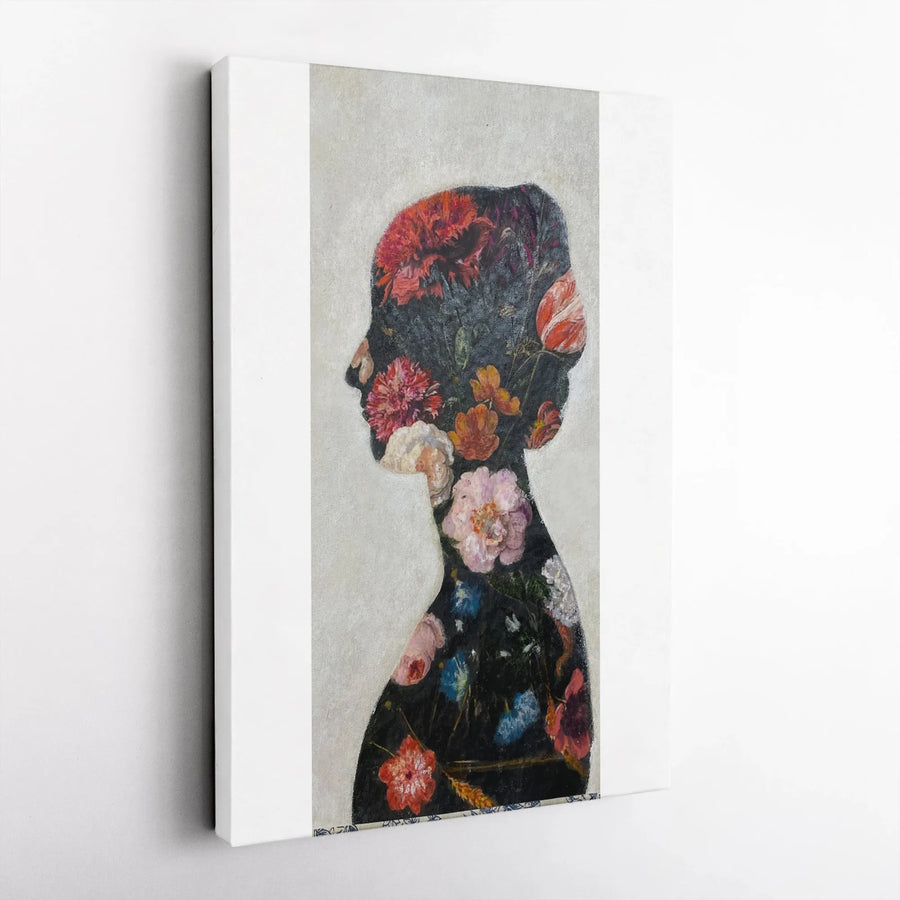 Floral Woman Silhouette Canvas Wall Art | Vintage Dutch Flower Painting Style | Premium Gallery Wrapped Canvas | Abstract Botanical Art Gift for Her