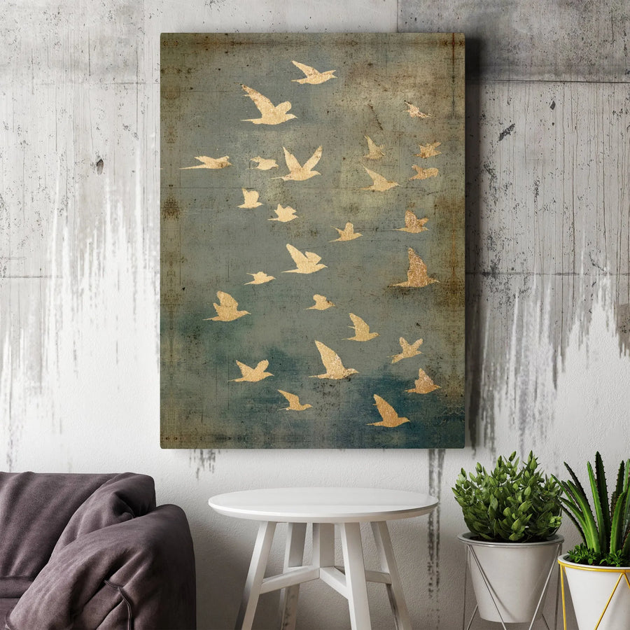Golden Bird Flock Canvas Wall Art | Rustic Distressed Teal Aesthetic Print | 1.25 Inch Gallery Wrap | Elegant Home and Office Decor