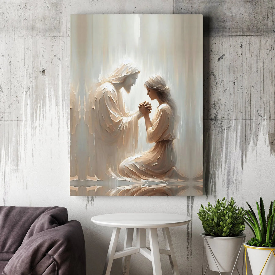Jesus Praying With Woman Canvas Art | Minimalist Religious Wall Decor | Premium Fade-Resistant Print | Spiritual Home Gift for Believers