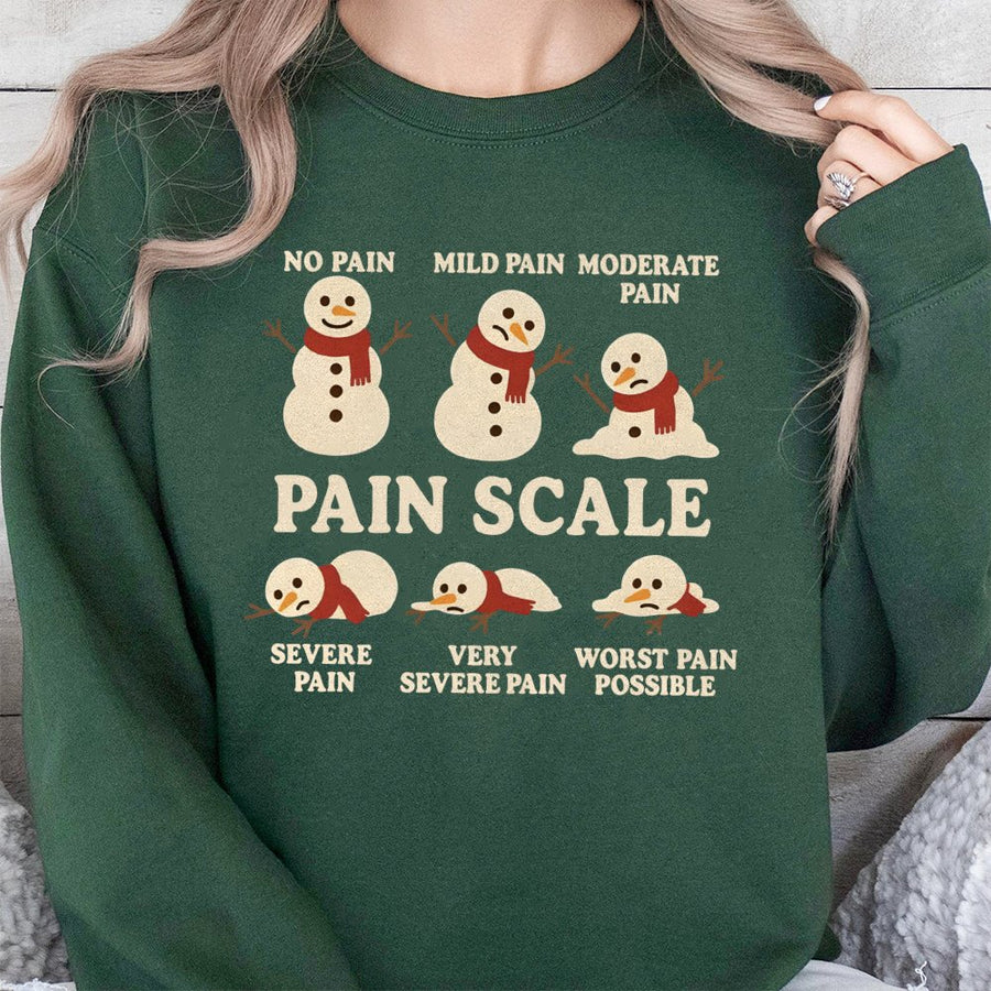 Snowman Pain Scale Sweatshirt | Funny Christmas Medical Humor | Premium Cotton Blend Crewneck | Gift For Nurses, Doctors, And Students