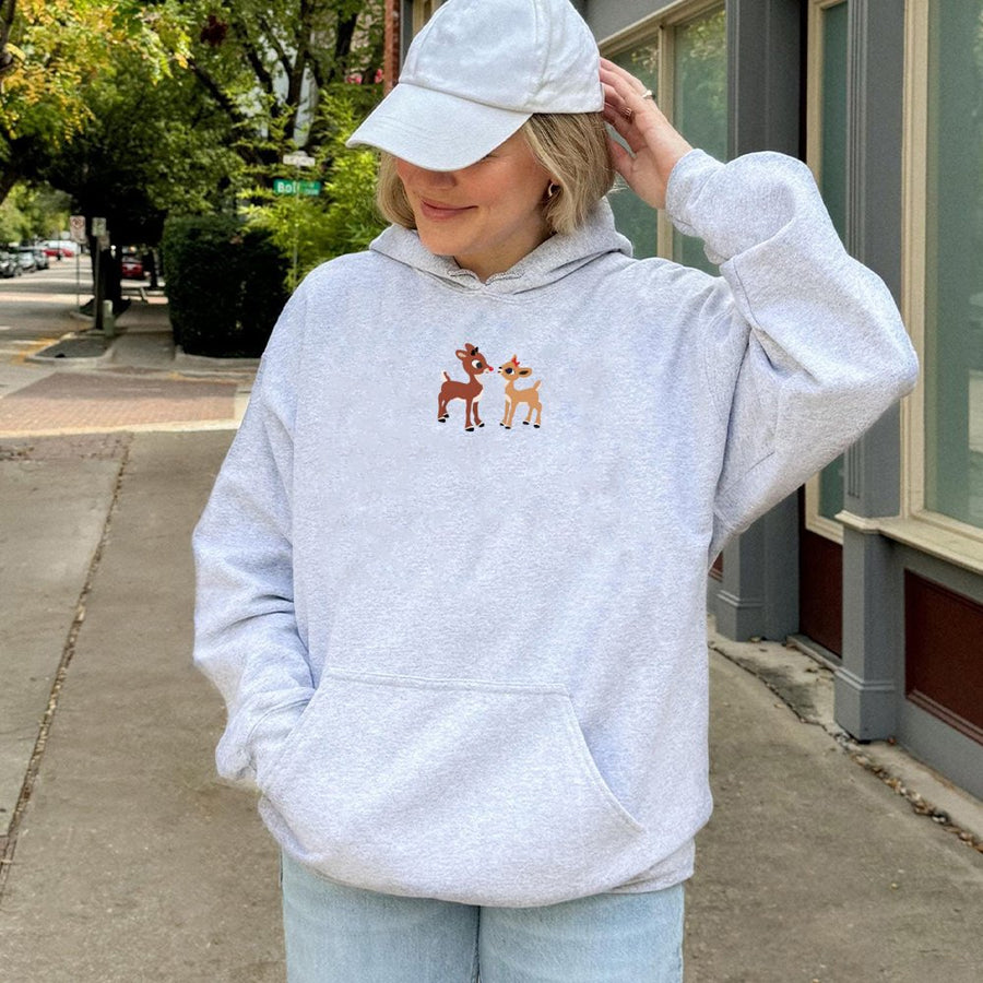 Reindeer Couple Christmas Hoodie | Cute Minimalist Holiday Embroidery | Premium Cotton Blend | Matching Xmas Gift for Couples and Families
