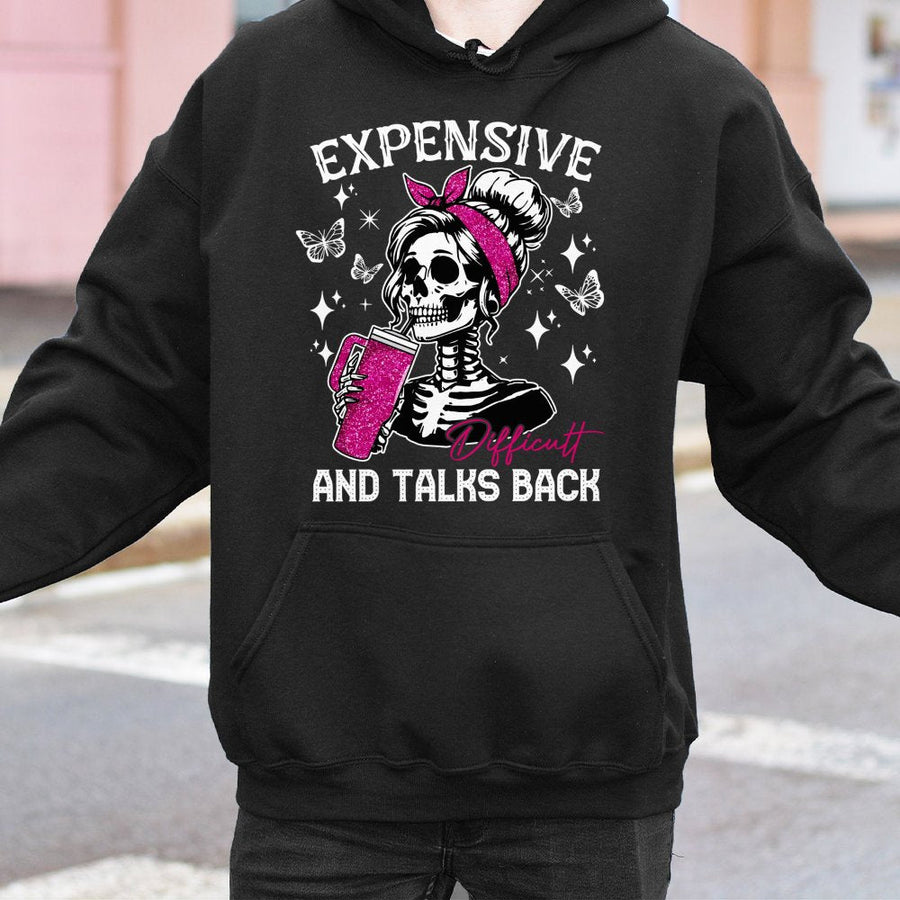 Expensive And Talks Back Hoodie | Skeleton Girl Pink Glitter Graphic | Premium Cotton-Poly Blend | Sassy Aesthetic Gift For Women