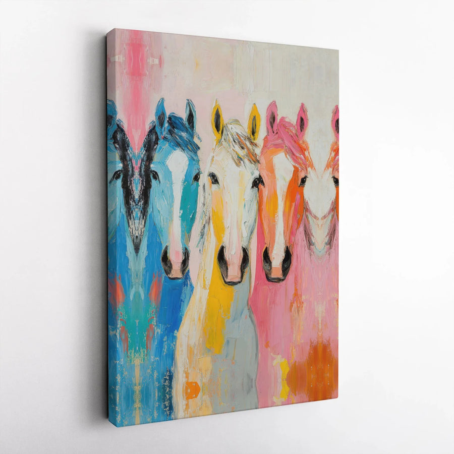 Colorful Horse Canvas Wall Art | Vibrant Pop Art Painting of Four Horses | Premium Gallery Wrapped Canvas | Modern Equestrian Home Decor Gift for Horse Lover