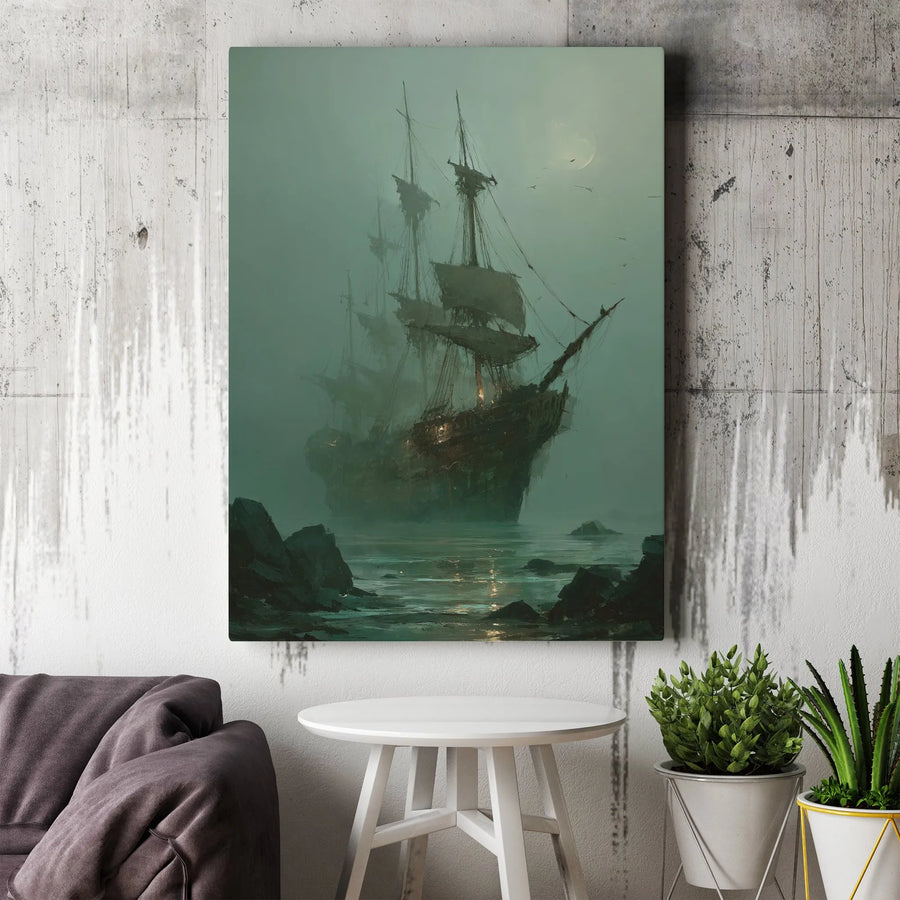 Ghost Ship Canvas Wall Art | Moody Seascape Painting, Dark Academia Ocean Scene | Premium Gallery Wrapped Print | Nautical Collector's Gift
