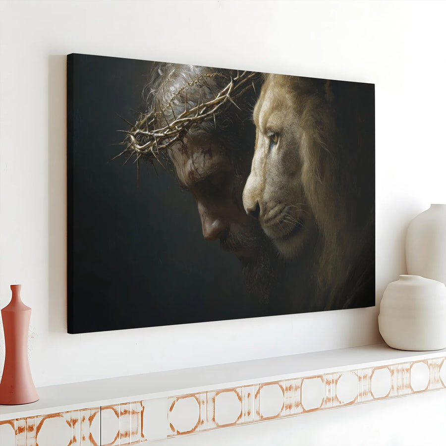 Lion of Judah Canvas Wall Art | Jesus with Crown of Thorns Portrait | Premium Gallery Wrap Canvas | Christian Home Decor Gift for Believers