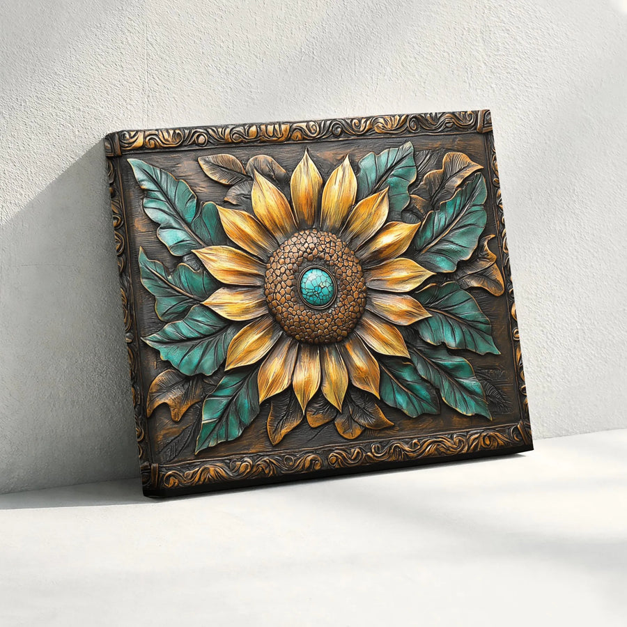 Sunflower Canvas Wall Art | Rustic Wood Carved Effect Print | Premium Textured 3D Floral Decor | Southwestern Farmhouse Living Room Gift