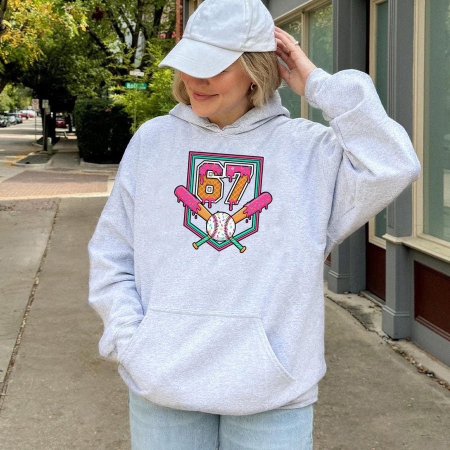 67 Baseball Hoodie | Ice Cream Drip Number 67 Graphic | Cotton Blend Premium Streetwear | Funny Sports Gift for Gen Alpha and Teens