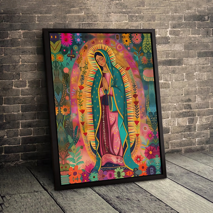 Our Lady of Guadalupe Canvas Print | Folk Art Floral Virgin Mary Wall Decor | Premium Fade-Resistant Gallery Wrap | Religious Catholic Gift