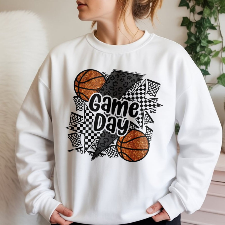 Game Day Basketball Sweatshirt | Glitter Leopard Sports Graphic | Premium Cotton Blend | Gift For Basketball Mom Or Fan