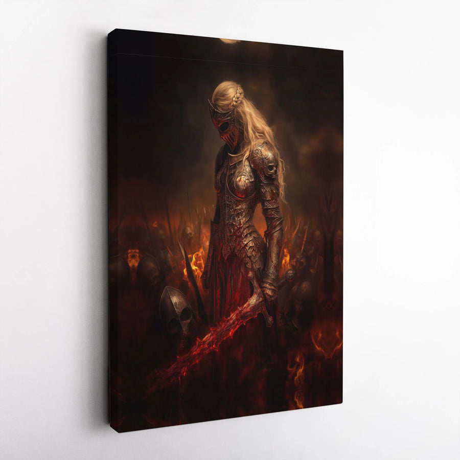Dark Fantasy Warrior Wall Art | Blonde Knight with Fiery Sword | Premium 1.25-Inch Gallery Wrap Canvas | Gothic Decor for Gamers and Collectors