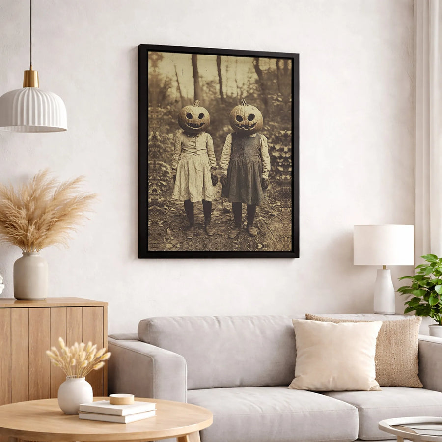 Vintage Pumpkin Head Children Canvas Print | Creepy Halloween Wall Art | Gallery Wrapped Premium Decor | Spooky Gothic Home Gift