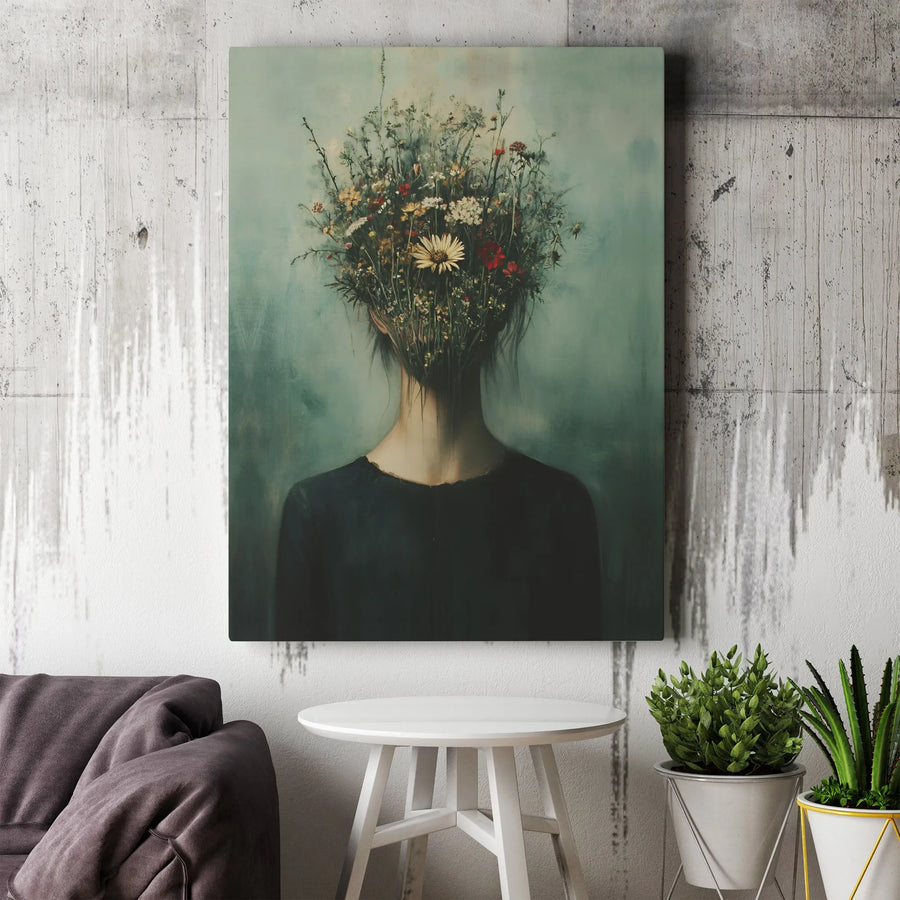 Surreal Floral Woman Canvas Wall Art | Moody Wildflower Bouquet Portrait | Premium Gallery Wrapped Print | Botanical Home Decor Gift for Her