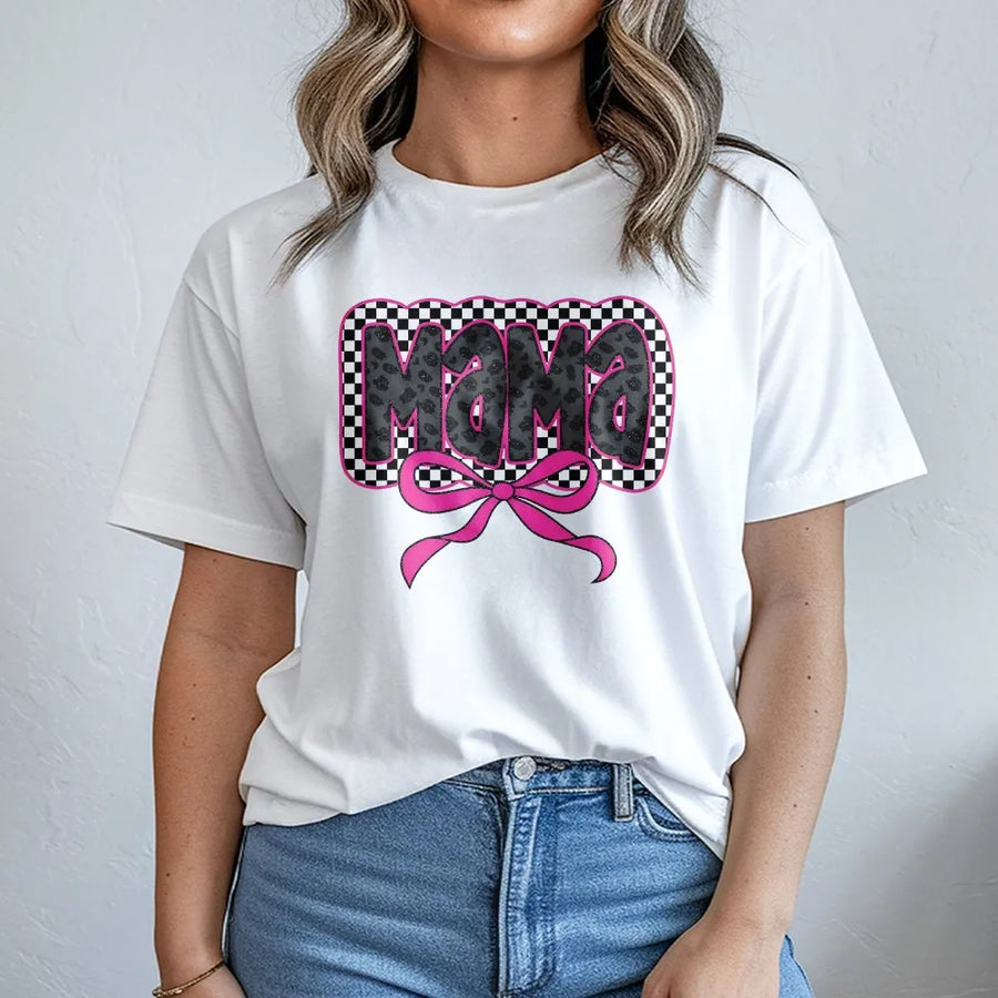 Coquette Mama T-Shirt | Leopard Checkered Pink Bow Graphic | Premium Crewneck Pullover | Trendy Gift for New Mom