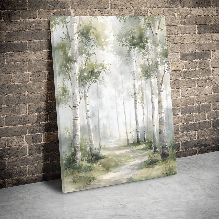 Birch Tree Forest Canvas Art | Watercolor Woodland Path Print | Premium Gallery Wrap Wall Decor | Nature-Inspired Home Office Gift