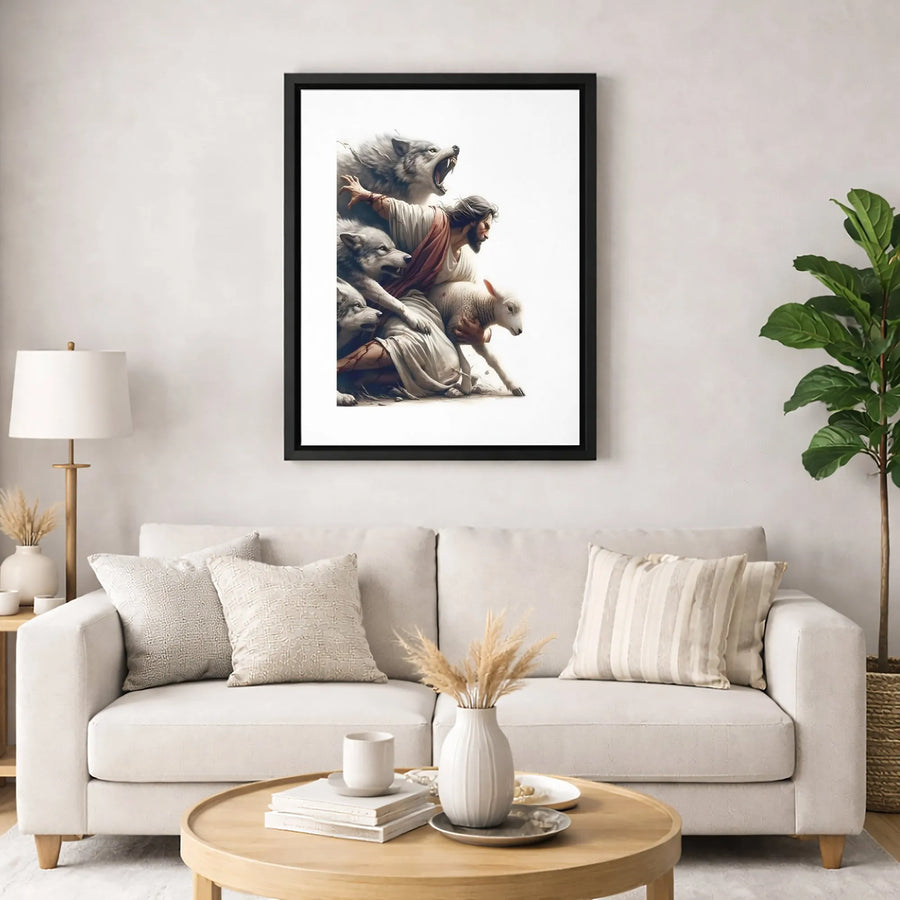 Jesus Protecting Lamb Canvas | Faith Based Wall Art | Premium Gallery Wrapped Print | Religious Home Decor Gift for Believers