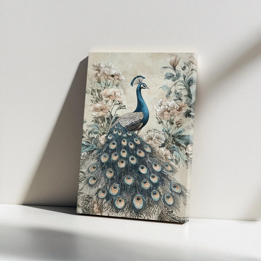 Peacock Wall Art Canvas | Vintage Floral Bird Illustration | Gallery Wrap Premium Print | Elegant Home Decor Gift