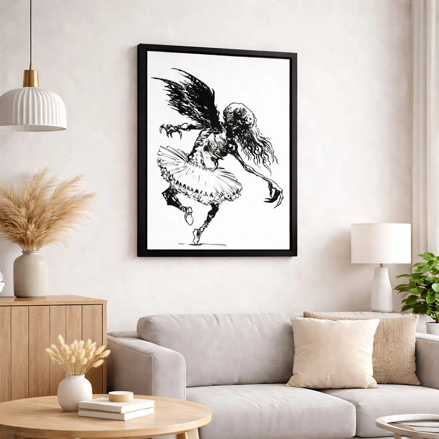 Gothic Ballerina Canvas Wall Art | Scary Winged Monster Sketch | Premium Fade-Resistant Print | Dark Academia Home Decor Gift