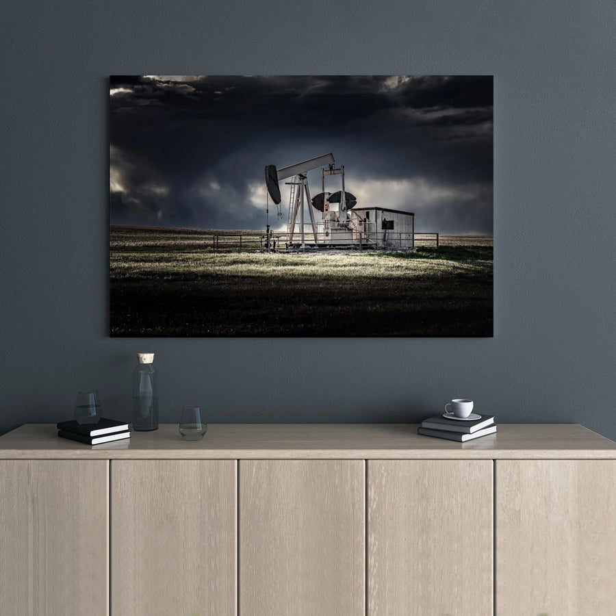Oil Pumpjack Wall Art | Dramatic Stormy Landscape Canvas Print | Premium Gallery Wrap Decor | Industrial Farmhouse Home Office Gift