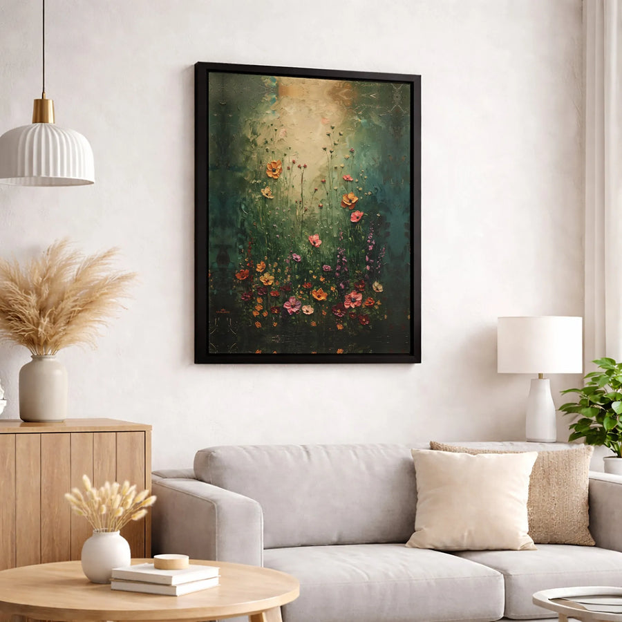 Wildflower Meadow Canvas Print | Moody Botanical Oil Painting Style | Premium Fade-Resistant Gallery Wrap | Floral Home Decor Wall Art