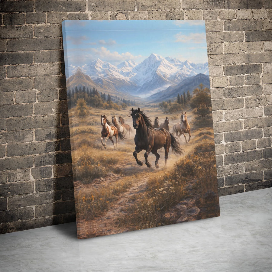 Wild Horses Canvas Wall Art | Mountain Valley Western Landscape | Premium Gallery Wrap | Rustic Home Decor Gift for Equestrian Lovers